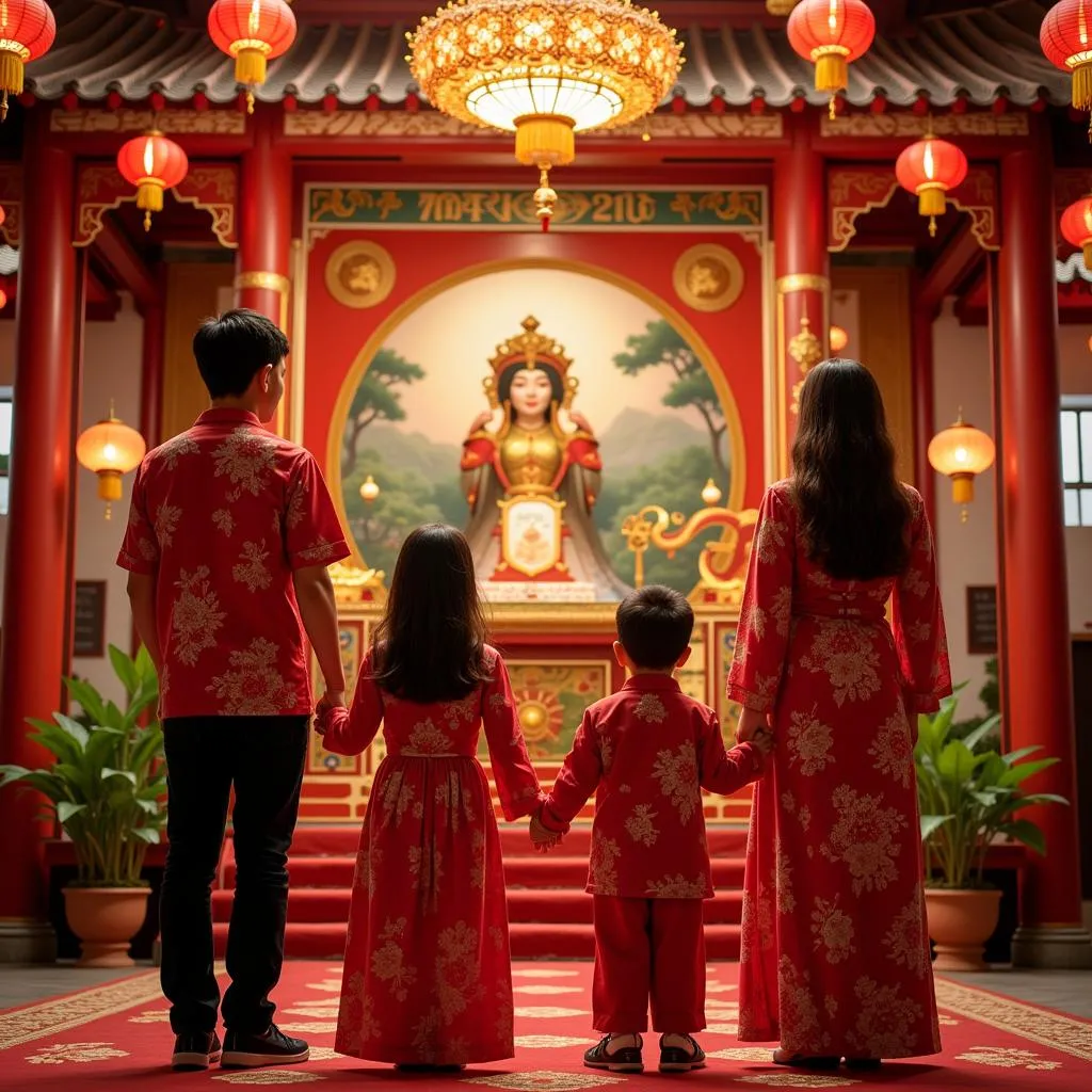 Une famille priant devant un autel de fête richement décoré lors des célébrations du Nouvel An chinois à Singapour.