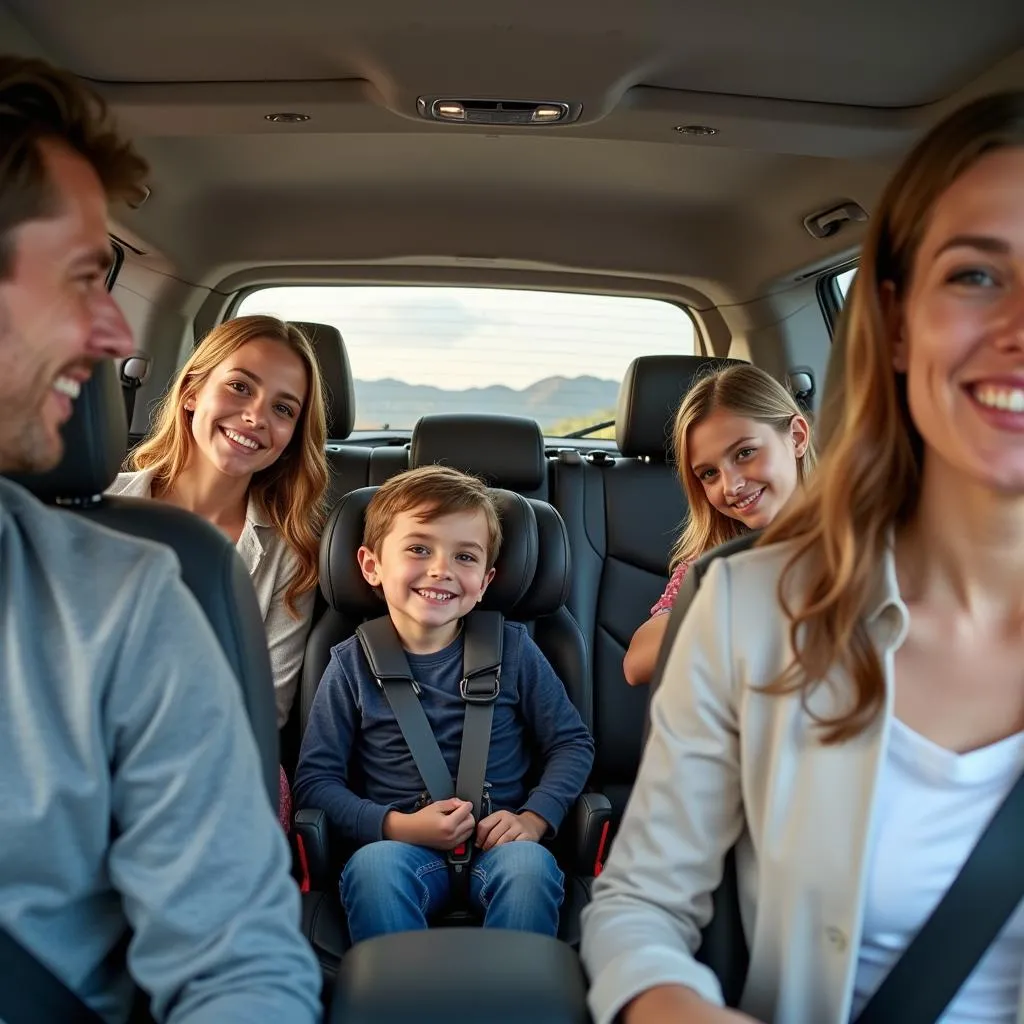 Famille heureuse dans une voiture avec siège d'appoint