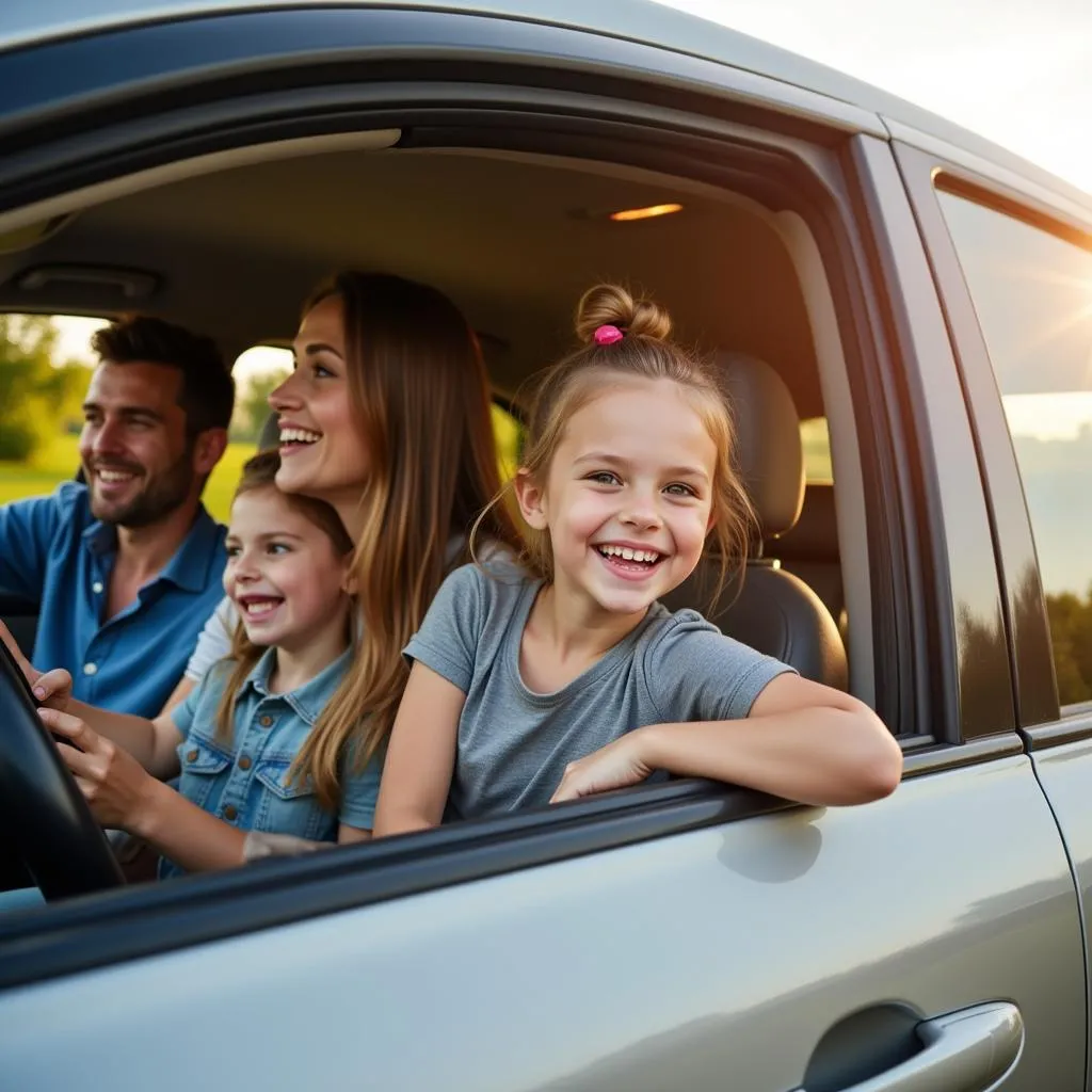 Une famille souriante dans une voiture, voyageant sur une route de campagne