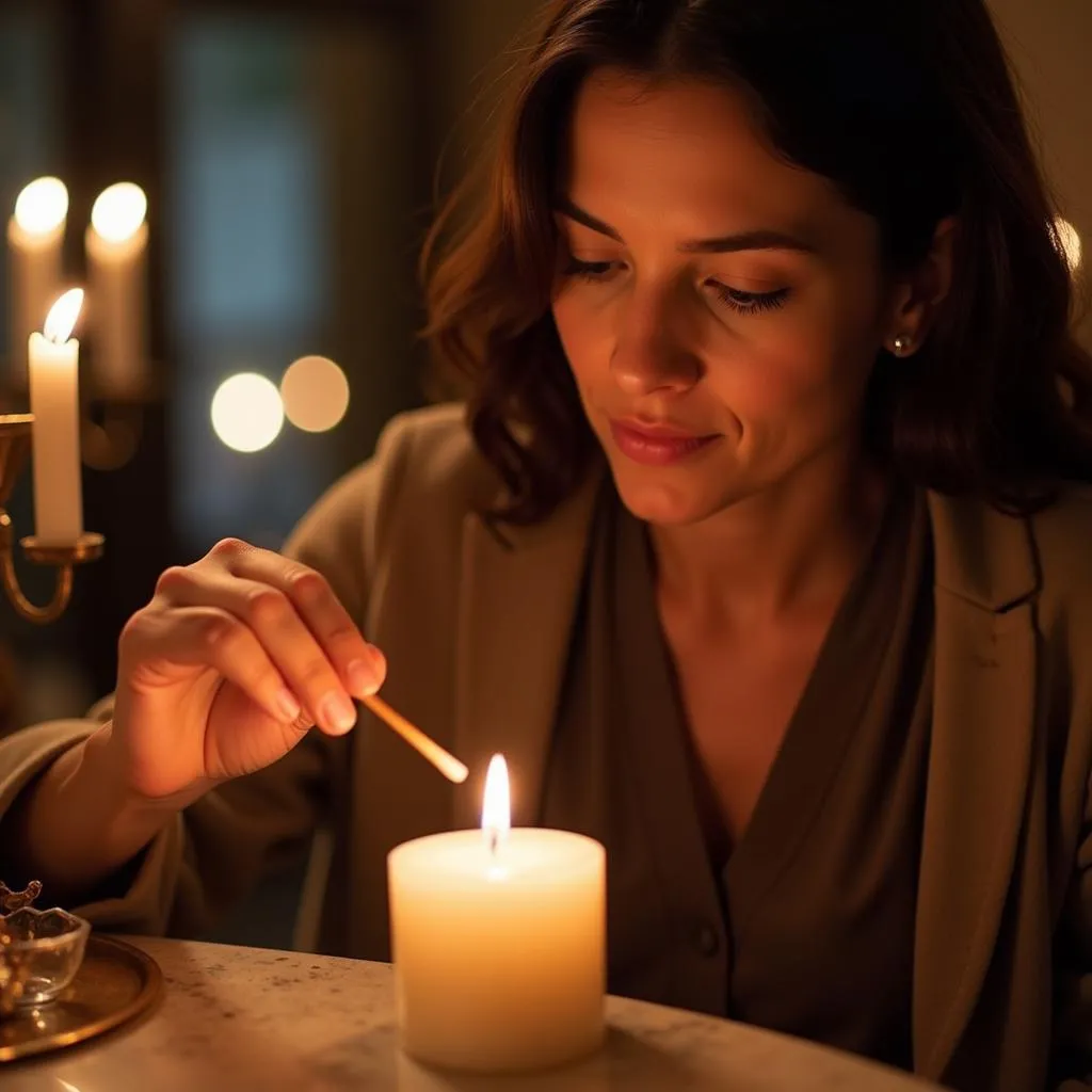 Une femme allumant une bougie d'autel