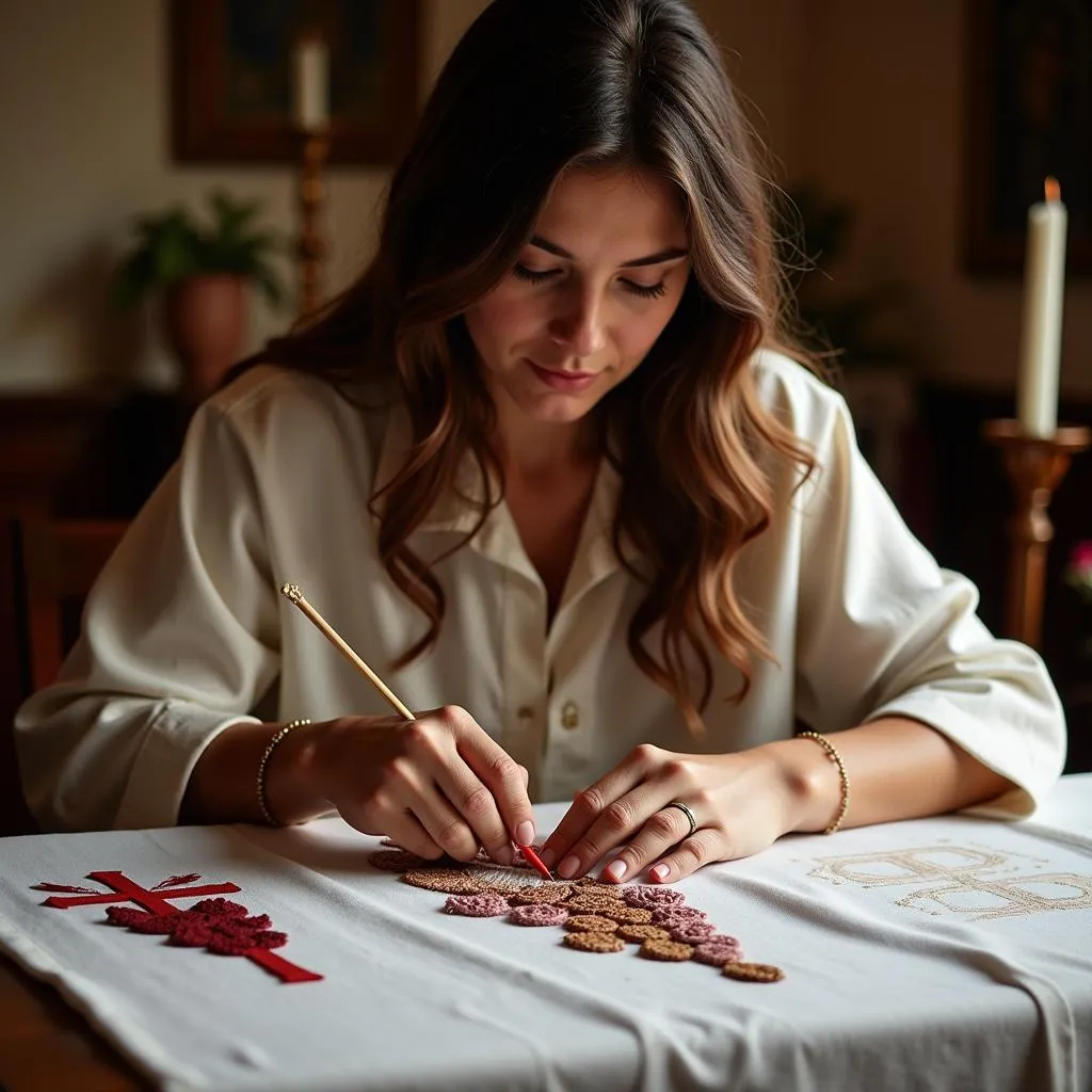 Femme Brodant une Nappe d'Autel avec Motif de Croix et Raisins