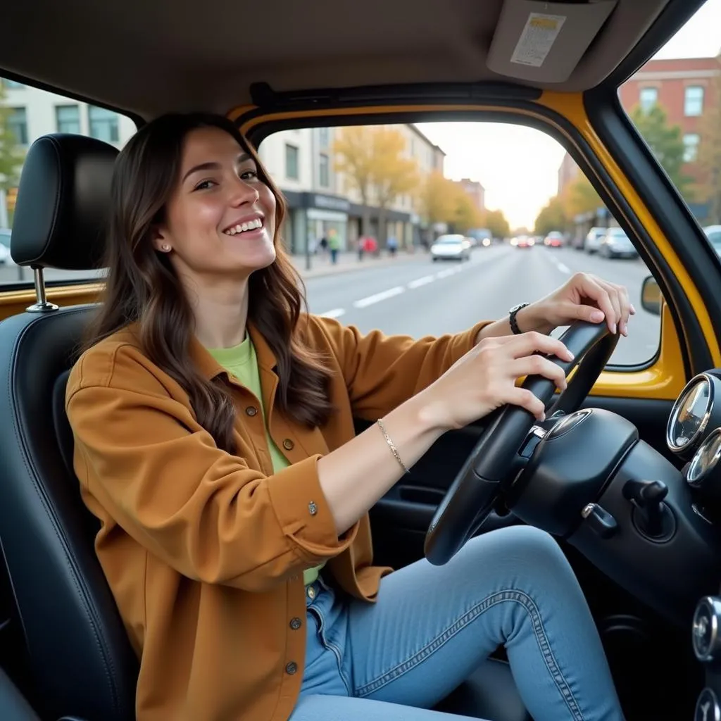 Femme au volant d'une mini citadine, souriante