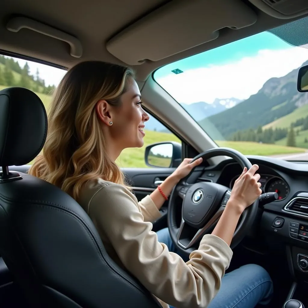 Femme au volant d'une voiture familiale sur une route de montagne