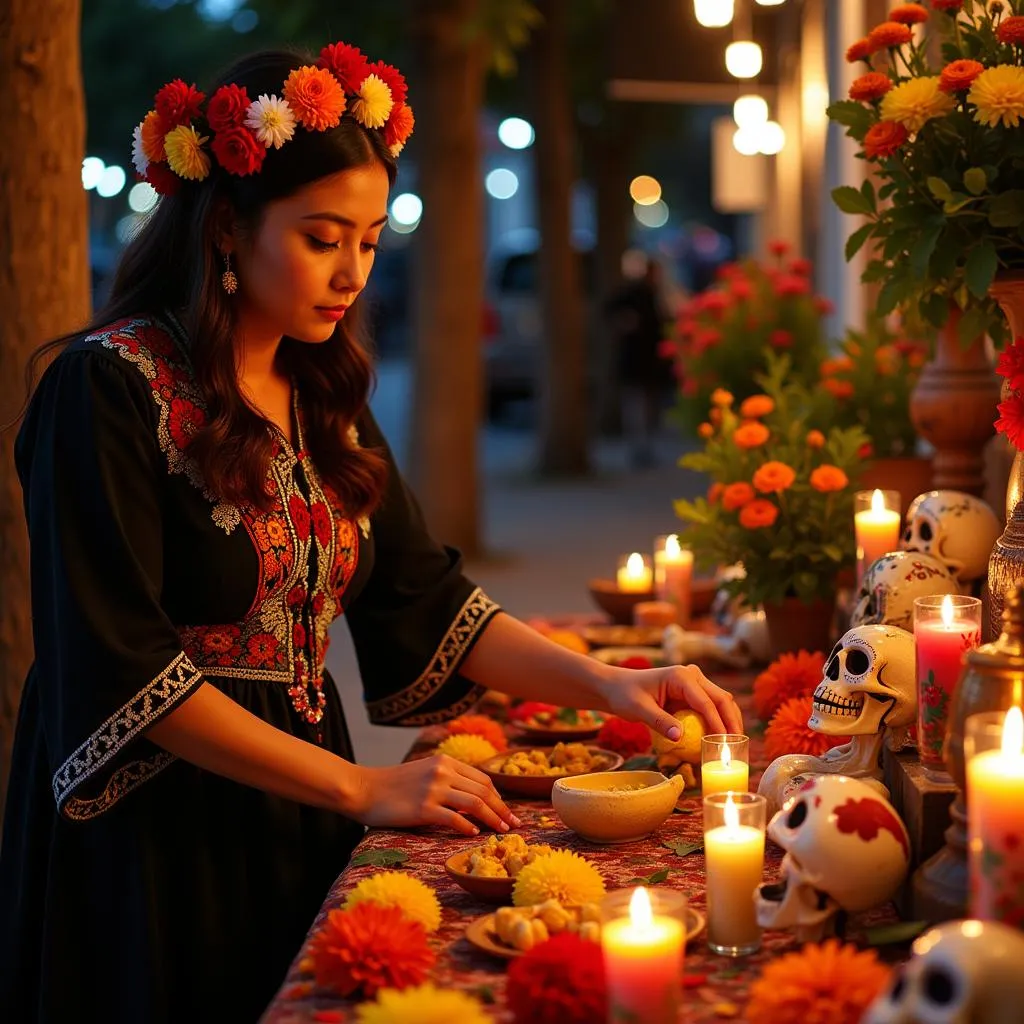 Femme mexicaine préparant un autel pour les fêtes des morts