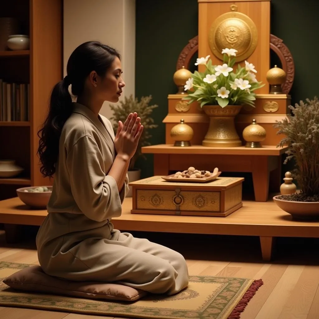 Femme priant devant un autel bouddhiste japonais