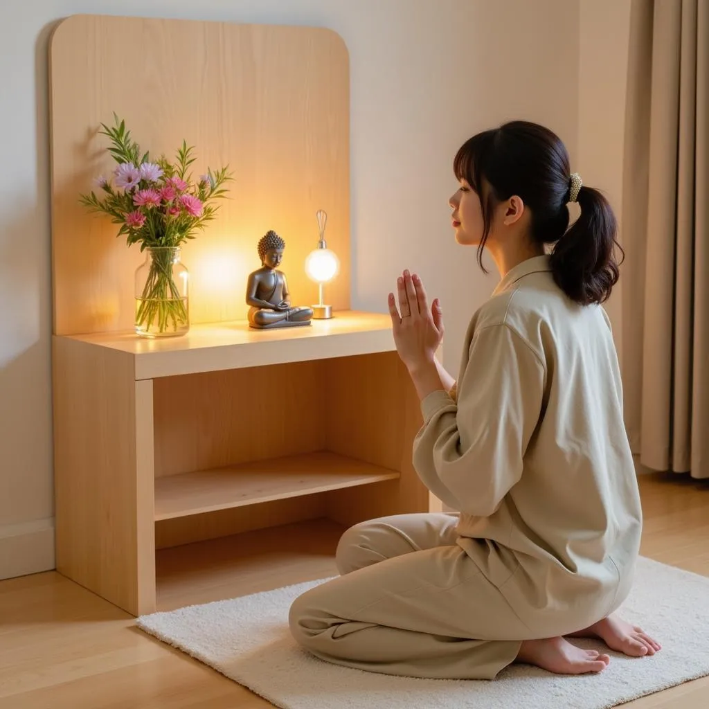 Femme priant devant un autel prière japonais moderne