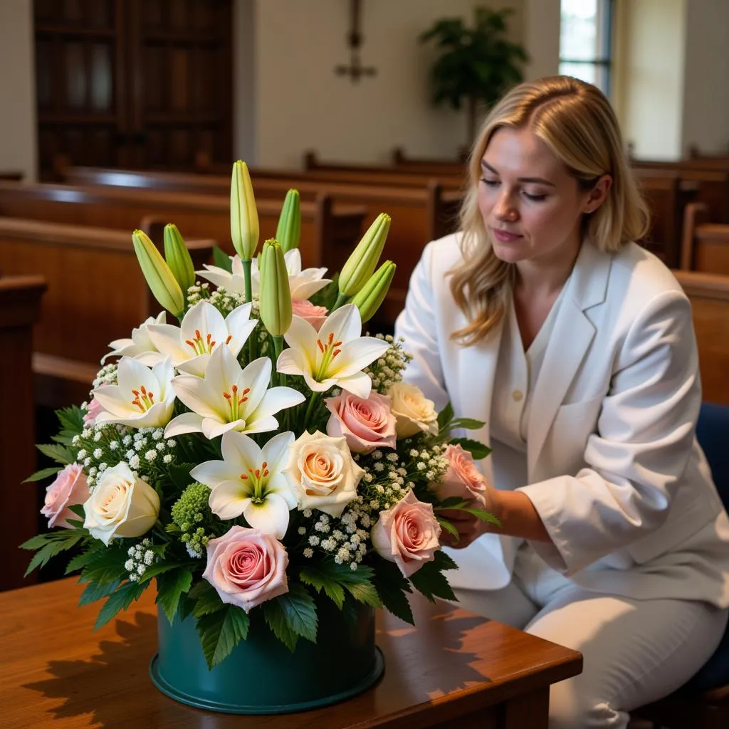 Fleuriste préparant un arrangement floral pour une église