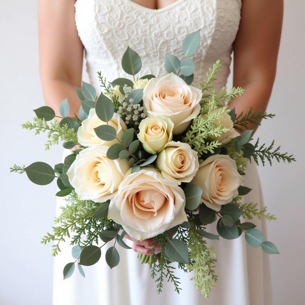 Bouquet de mariée avec des roses, de l'eucalyptus et de l'astilbe