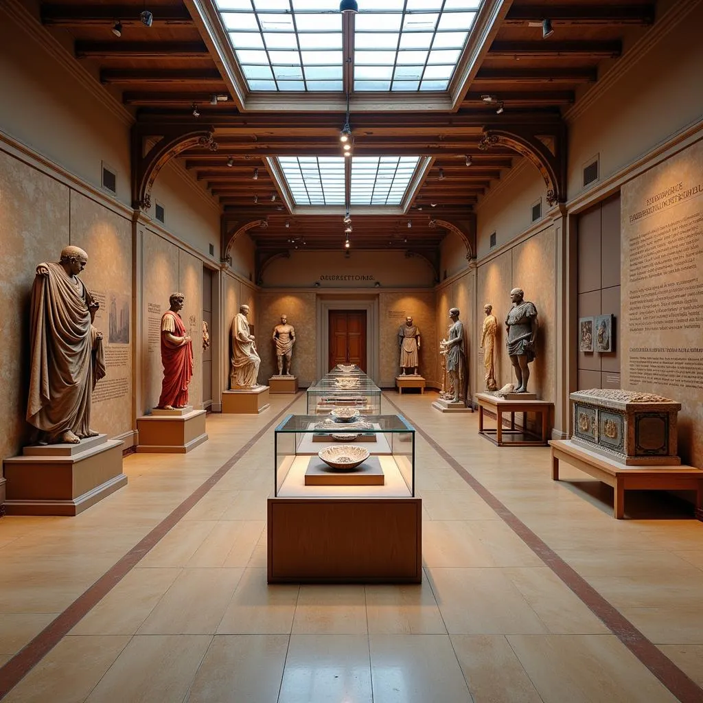 Galerie romaine du musée de Lyon avec des artefacts et des autels