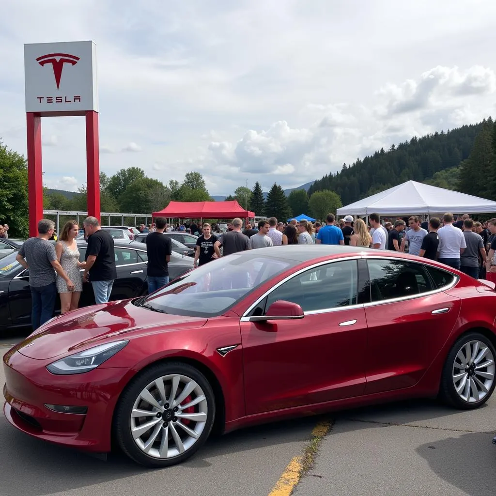 Groupe de propriétaires de Tesla discutant devant leurs voitures lors d'un événement