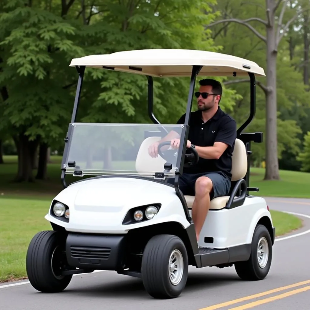 Homme conduisant une voiturette de golf électrique