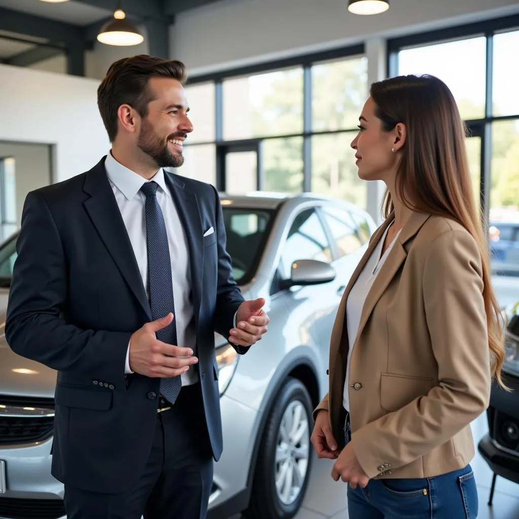 Un couple discute avec un vendeur chez un concessionnaire automobile