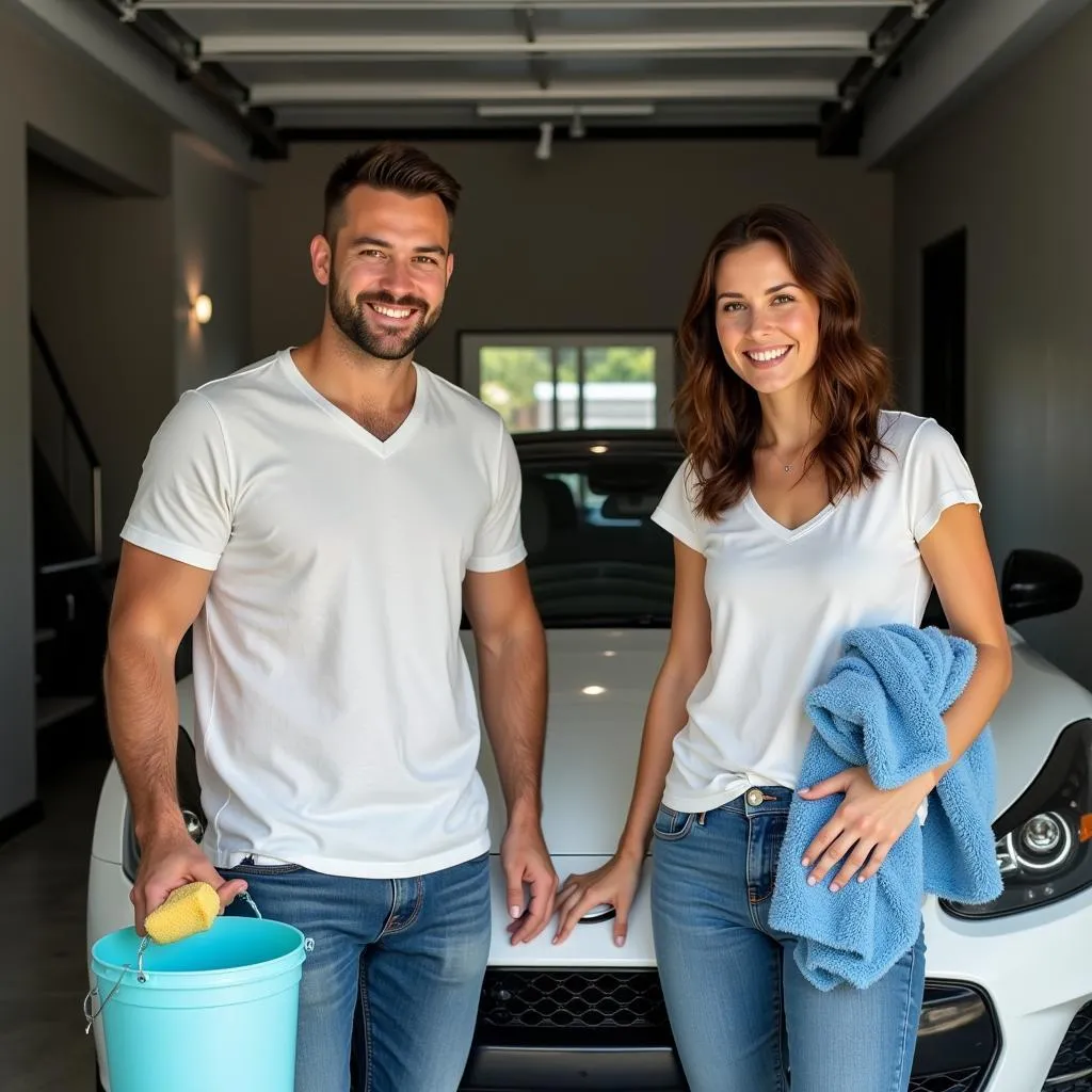 Un homme et une femme dans leur garage avec leur voiture propre