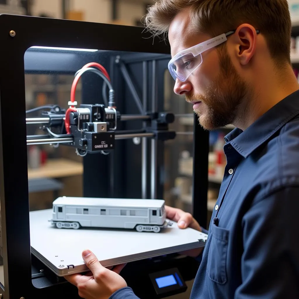 Un homme utilisant une imprimante 3D pour créer une voiture de train