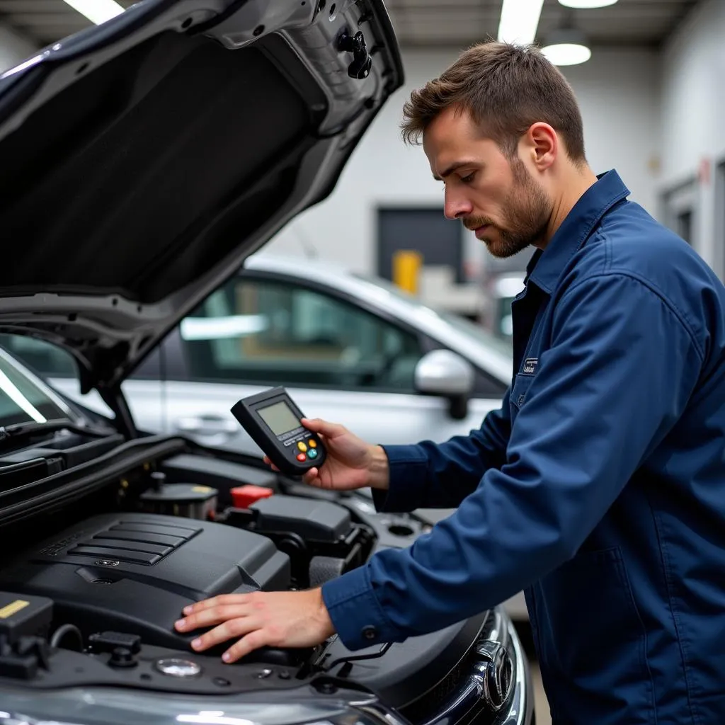 Mécanicien inspectant une voiture d'occasion