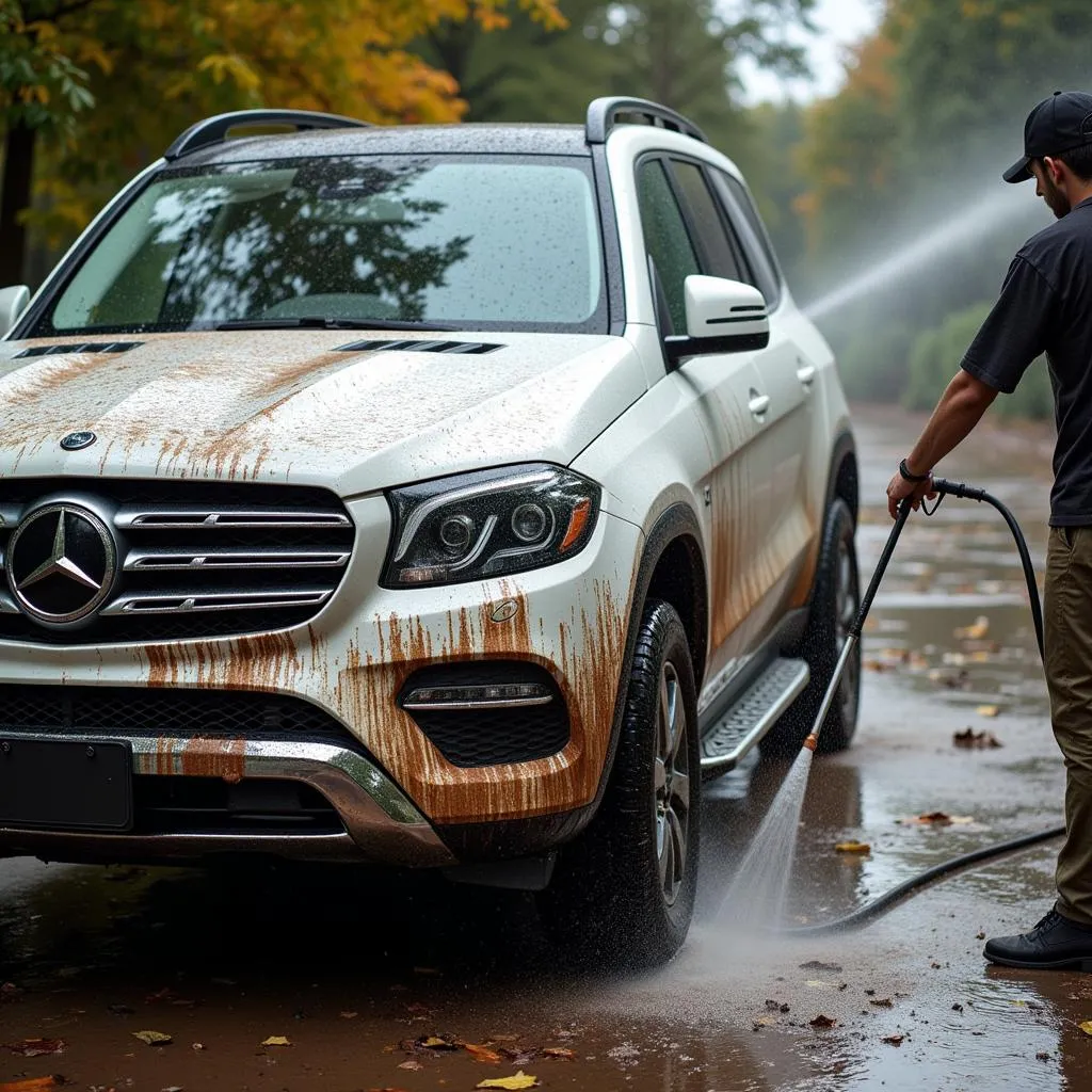 Lavage haute pression d'une voiture tout-terrain