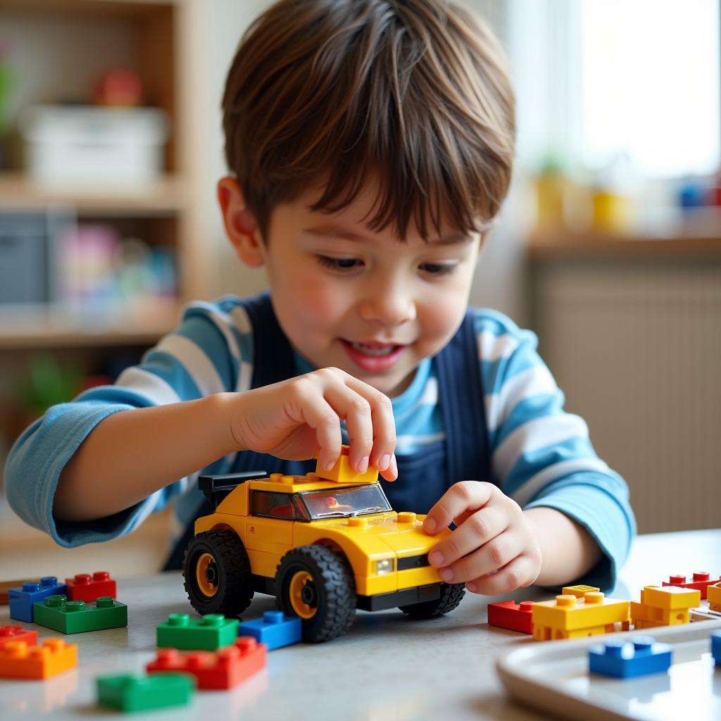 Un enfant construit une voiture LEGO