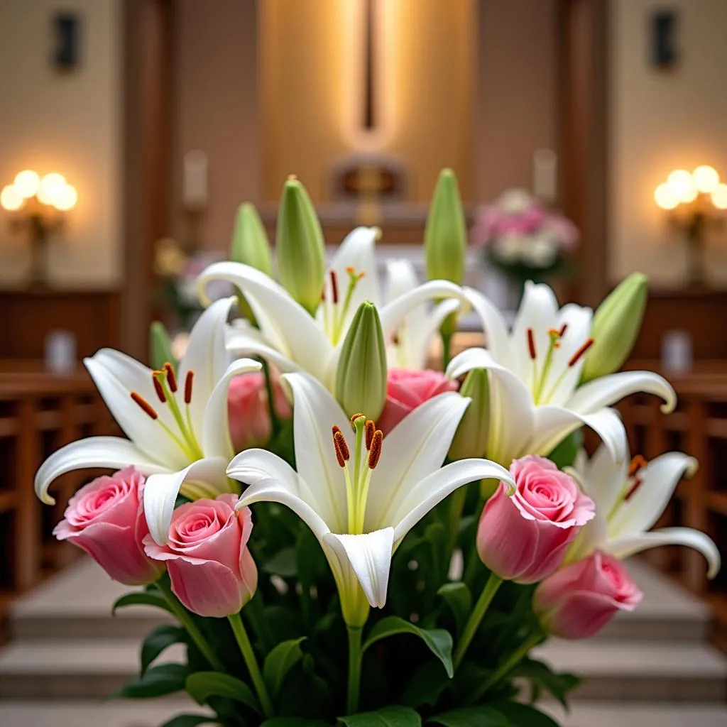 Lys blancs et roses devant l'autel d'une église