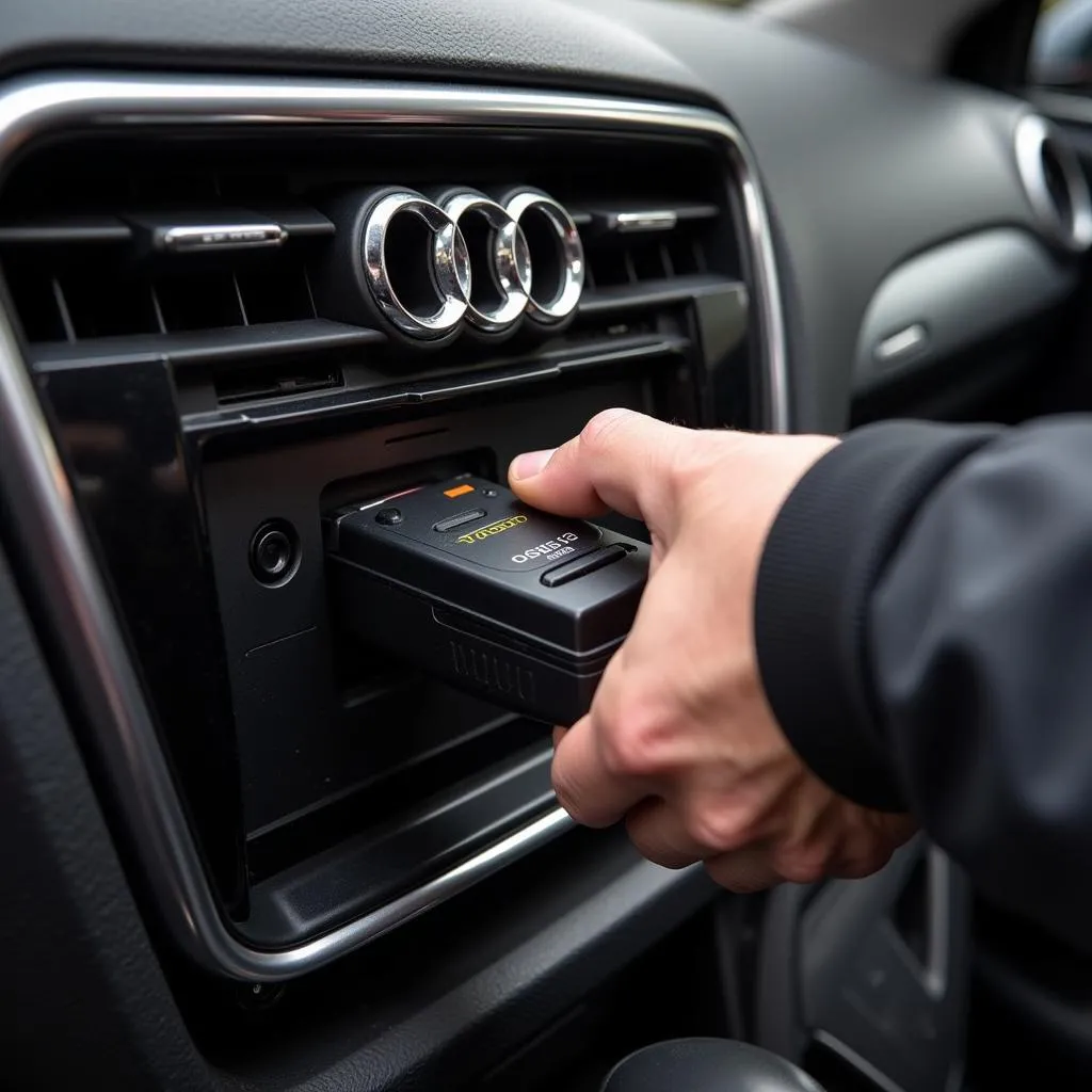 Mécanicien branchant un lecteur de code OBD2 sur une Audi