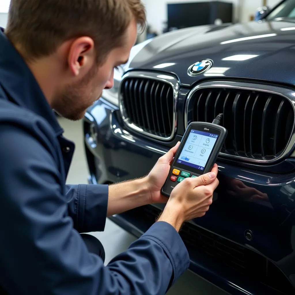 Mécanicien utilisant un outil de diagnostic sur une BMW