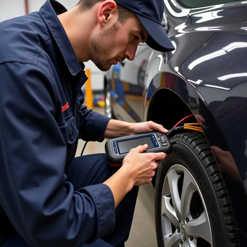 Un mécanicien branche un outil de diagnostic sur une voiture