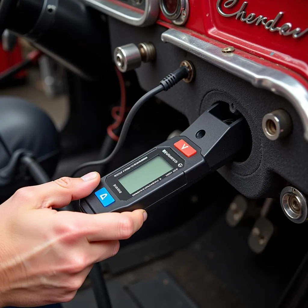 Mécanicien branchant un lecteur OBD1 sur une Chevrolet