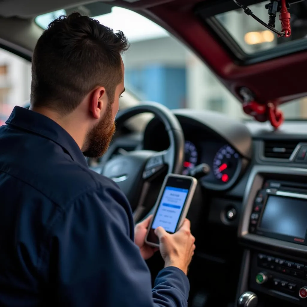 Mécanicien branché sur une voiture lisant les codes OBD avec un scanner