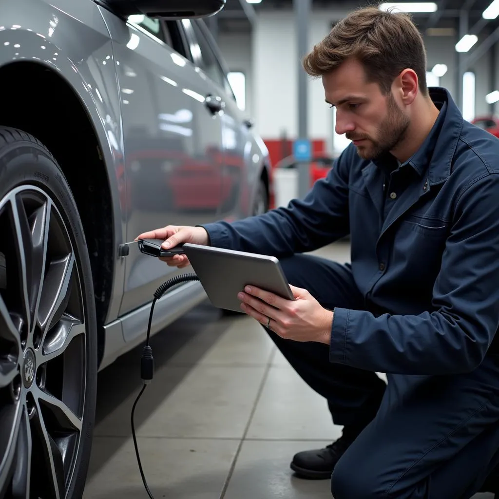 Mécanicien connectant une voiture à un ordinateur