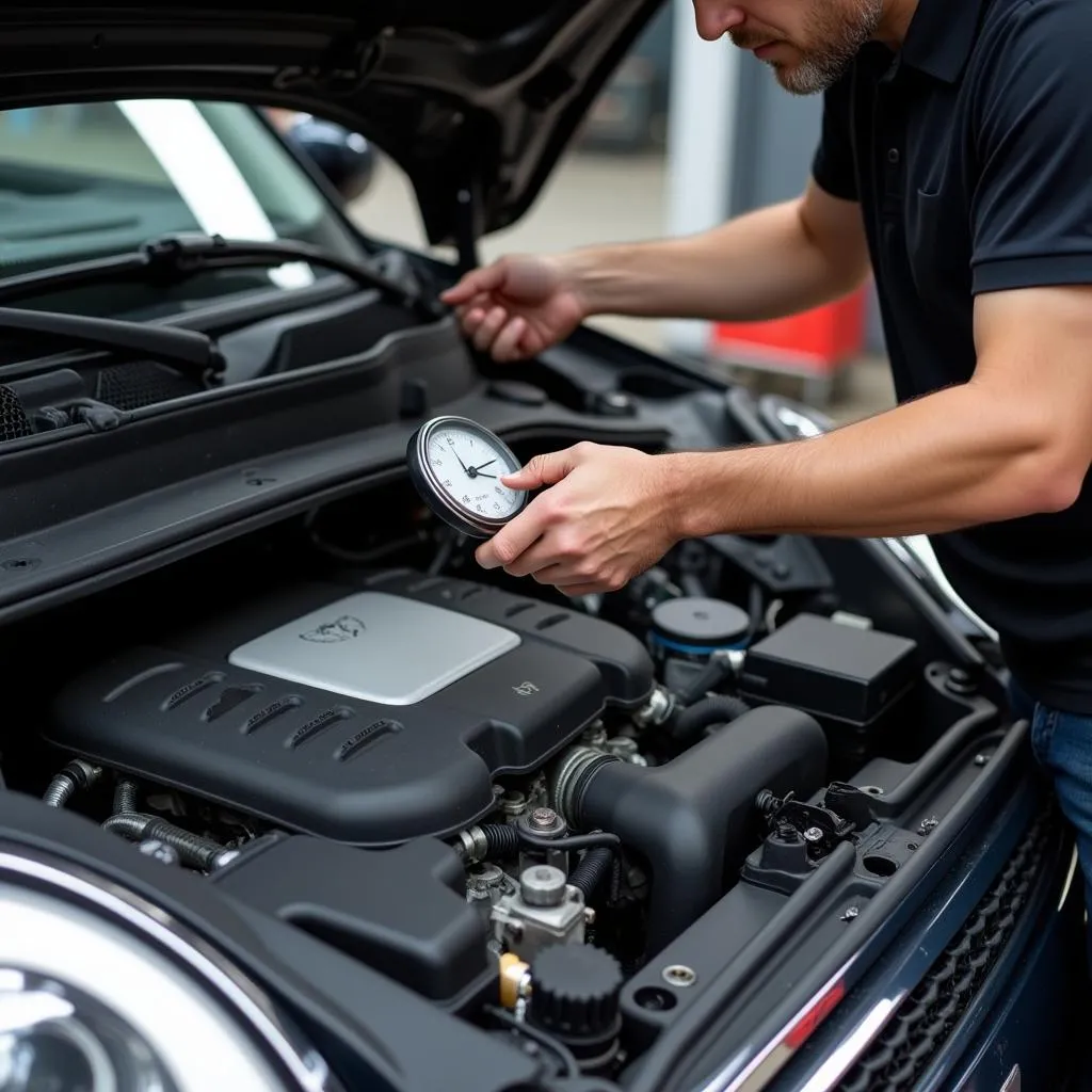 Mécanicien vérifiant le niveau de liquide de refroidissement d'une Mini Cooper