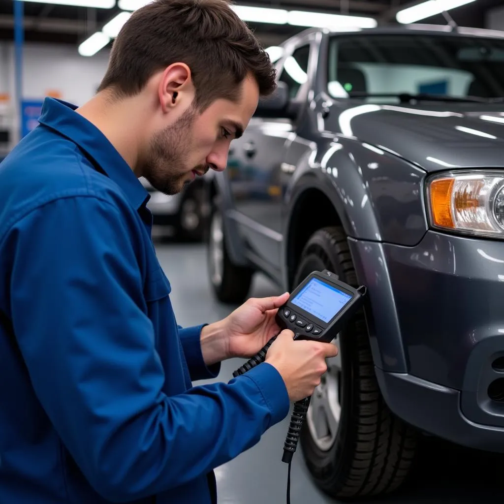 Mécanicien utilisant un scanner OBD-II pour diagnostiquer une Ford