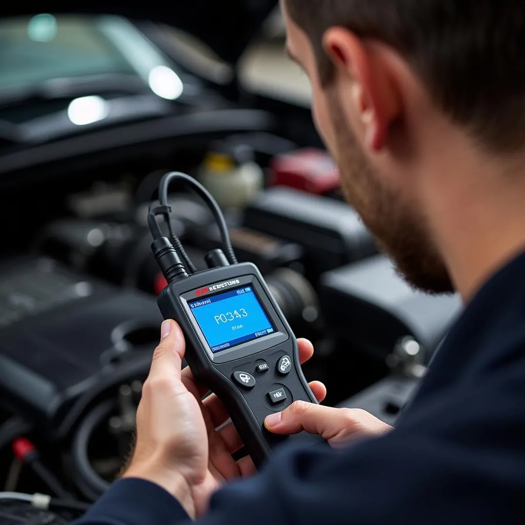 Mécanicien effectuant un diagnostic du moteur avec un outil OBD-II