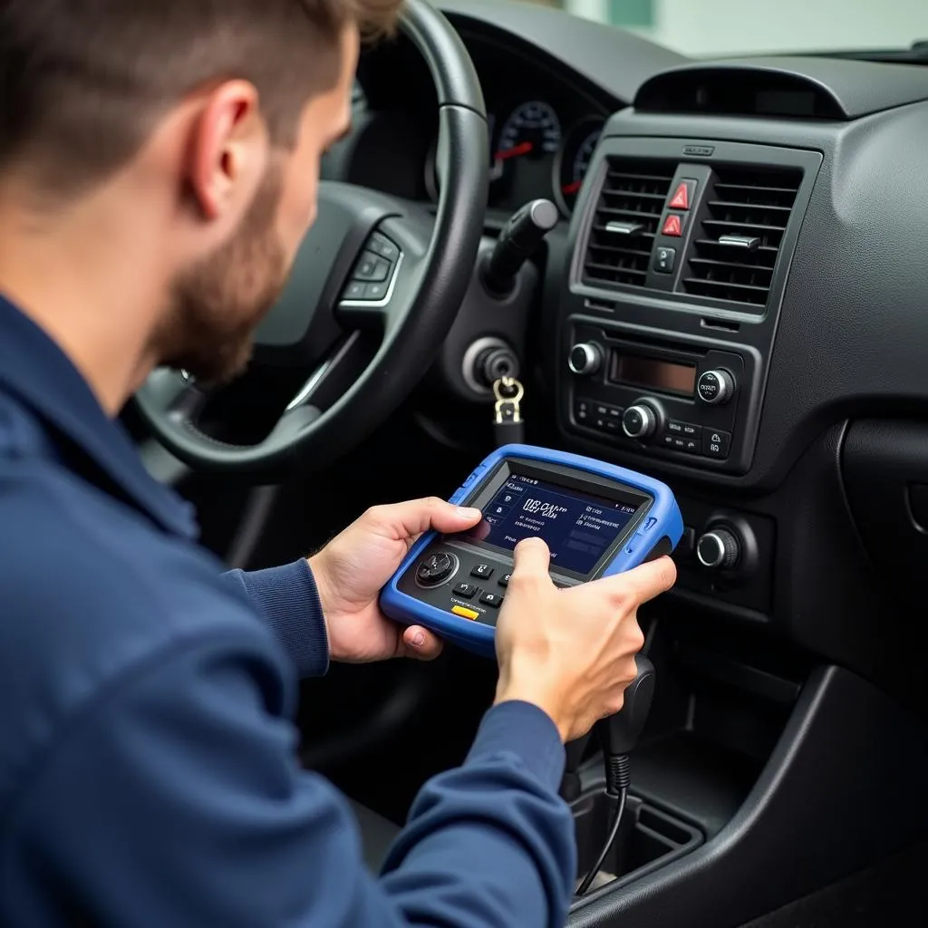 Mécanicien utilisant un outil de diagnostic OBD-II sur une voiture