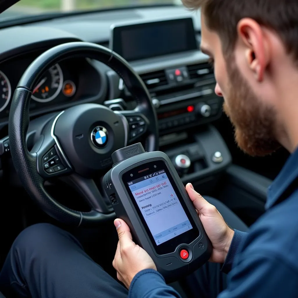 Mécanicien utilisant un scanner OBD pour diagnostiquer une BMW