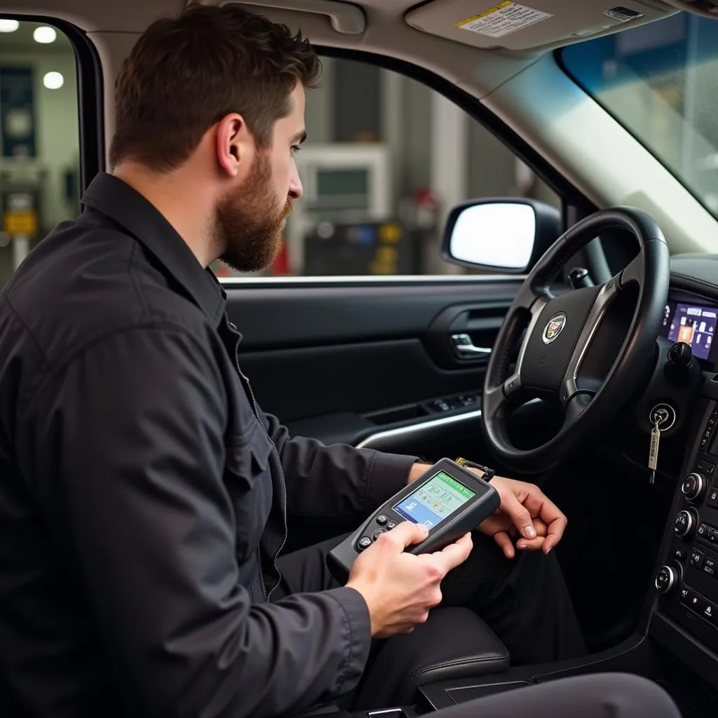 Mécanicien diagnostiquant une Cadillac Escalade