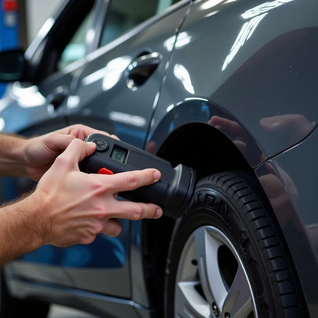 Un mécanicien automobile utilisant un outil de diagnostic sur une Chevrolet Malibu.