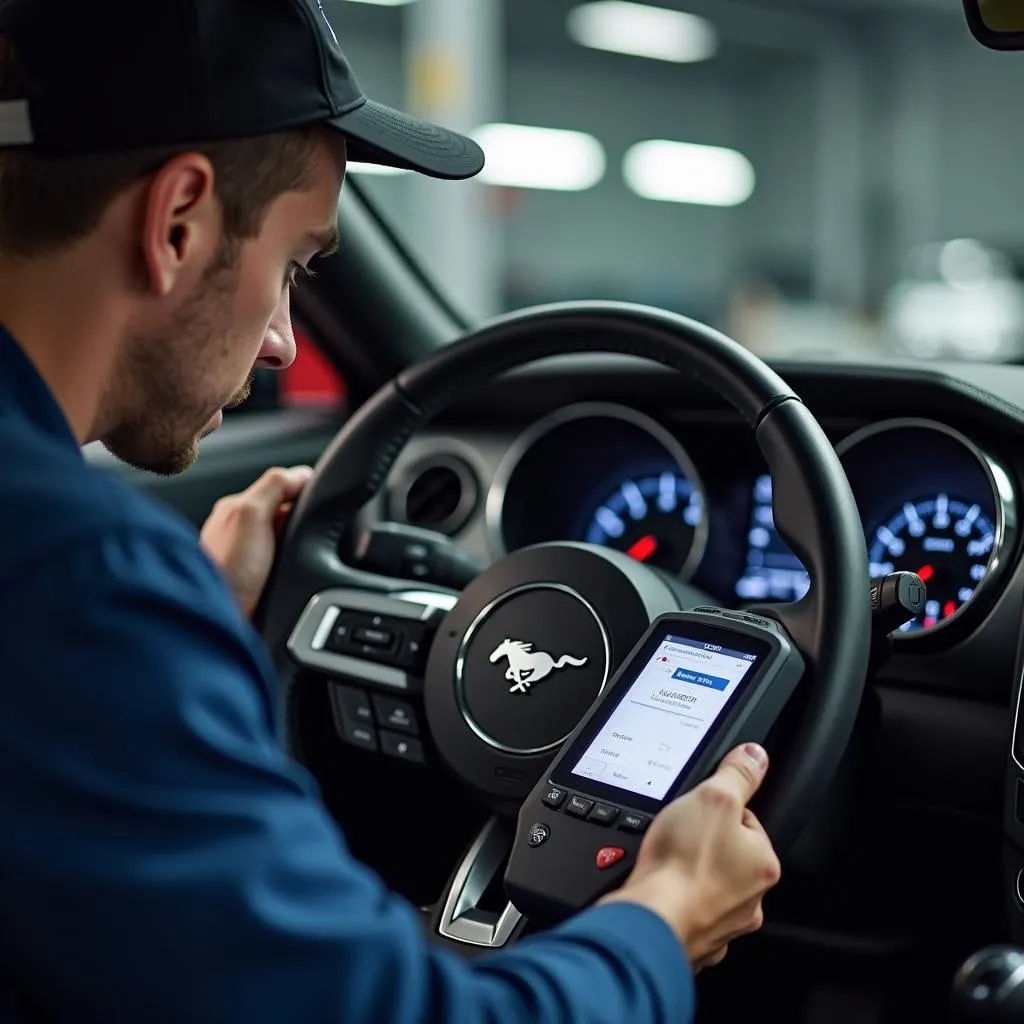 Mécanicien diagnostiquant le code d'erreur sur une Ford Mustang