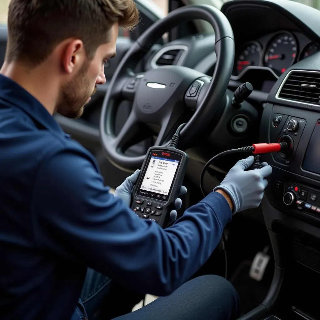 Mécanicien utilisant un outil de diagnostic automobile