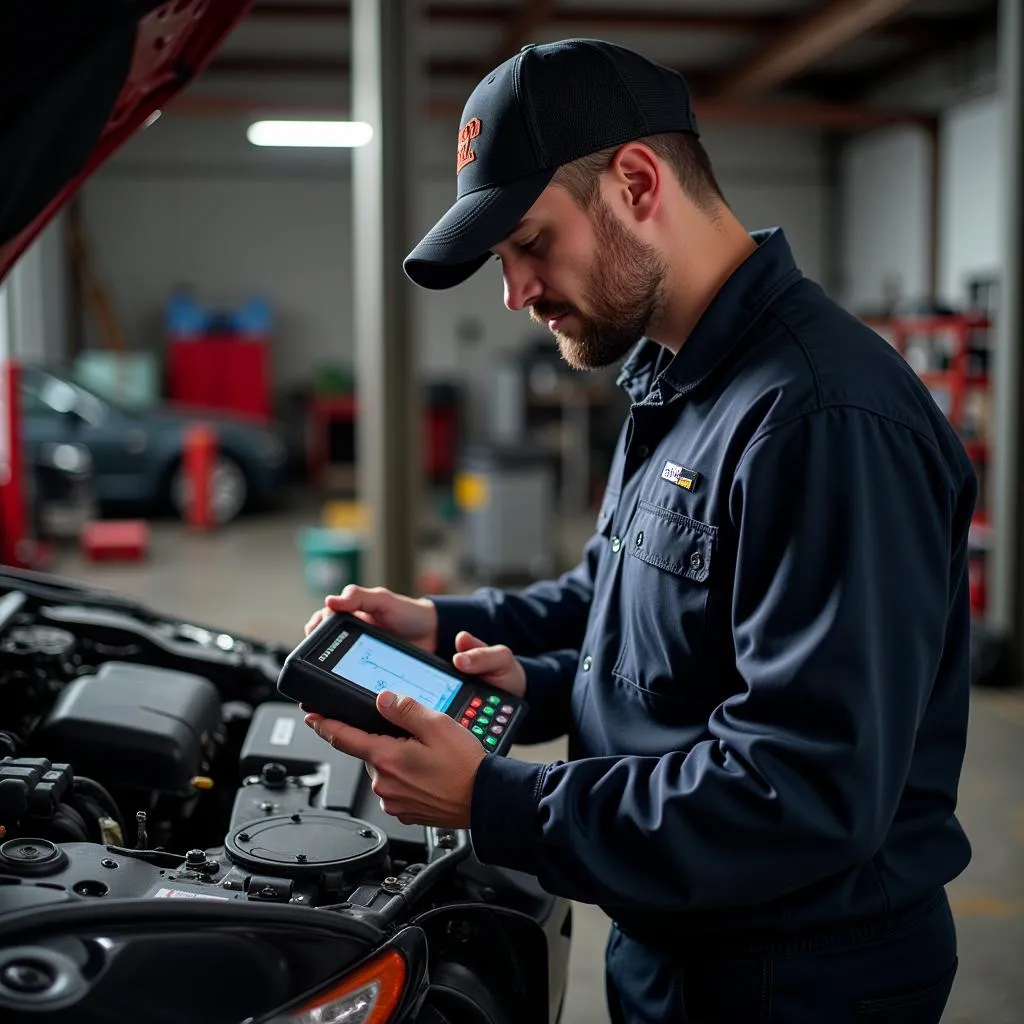 Mécanicien utilisant une valise de diagnostic sur une Mazda 3