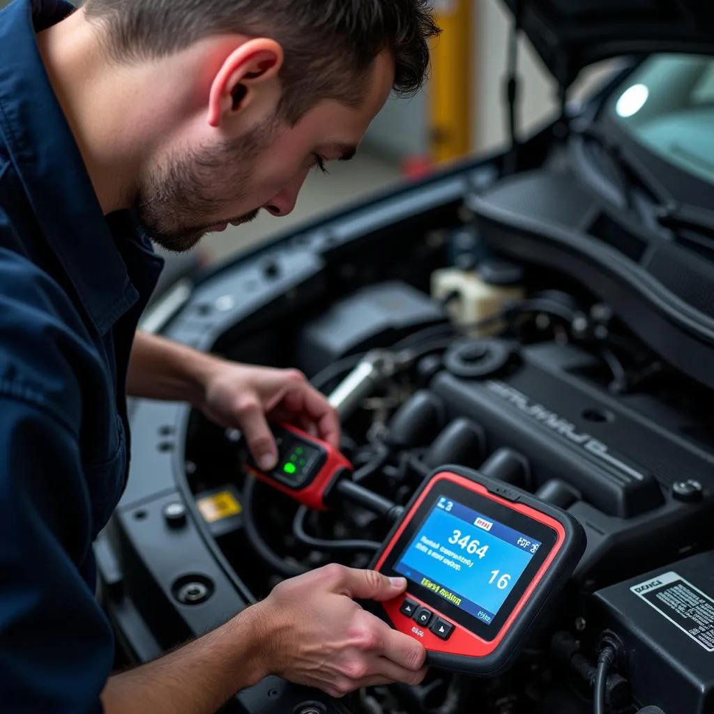 Mécanicien utilisant un outil de diagnostic sur un moteur