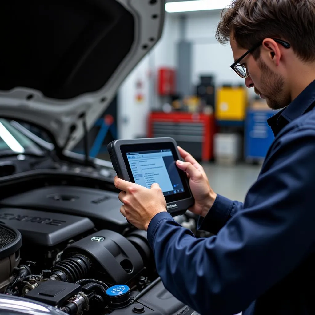 Mécanicien diagnostiquant un problème moteur sur une Mercedes en atelier