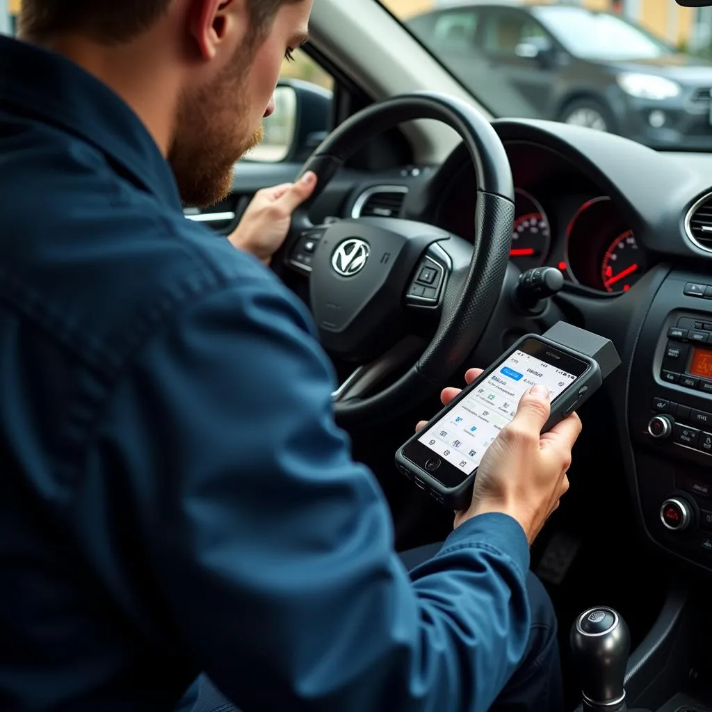 Mécanicien diagnostiquant un problème de moteur avec un outil OBD