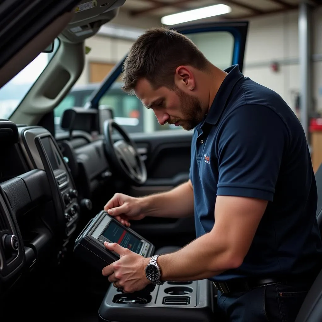 Mécanicien diagnostiquant un problème électrique sur un Chevrolet Silverado 2015