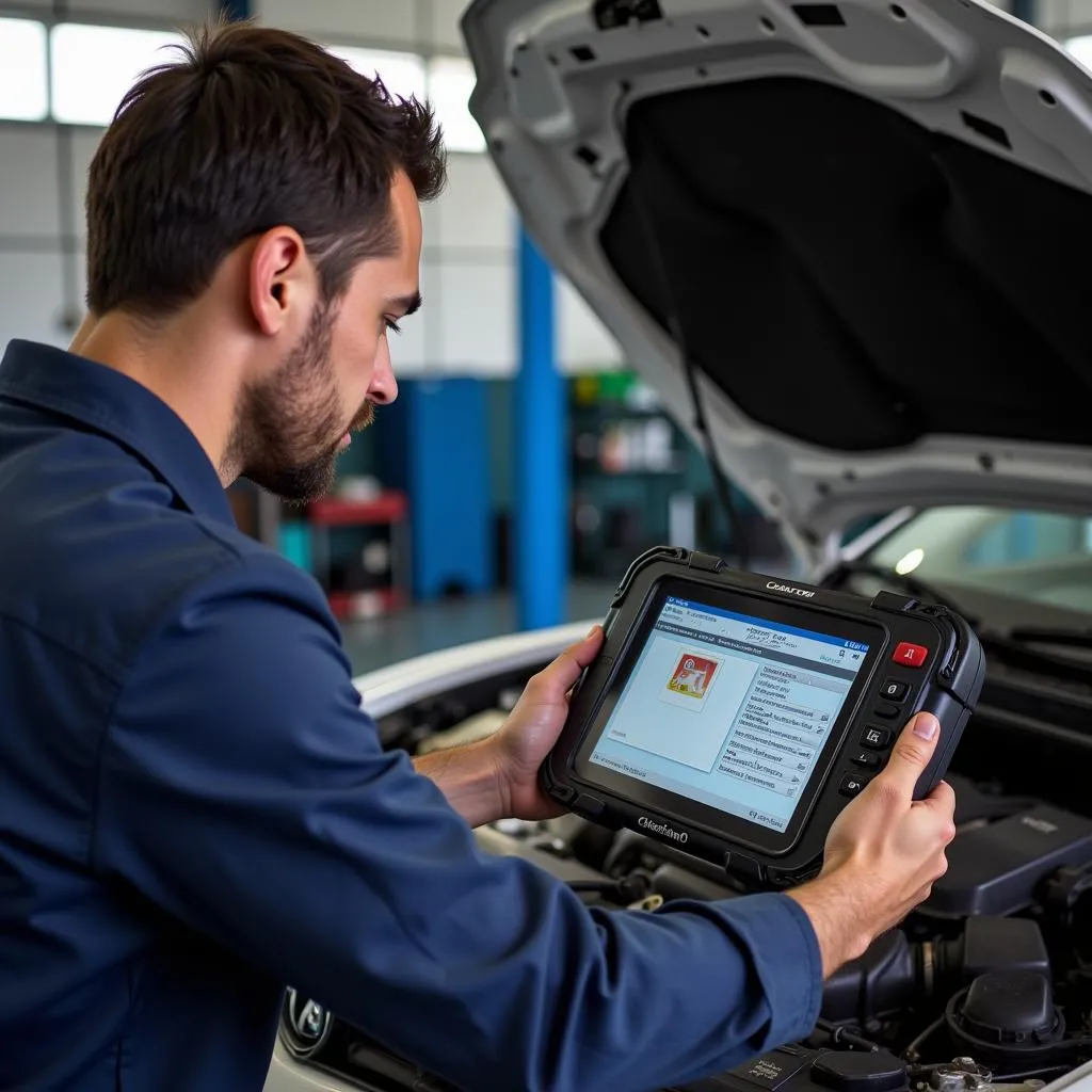 Mécanicien diagnostiquant un problème de voiture avec un outil de diagnostic