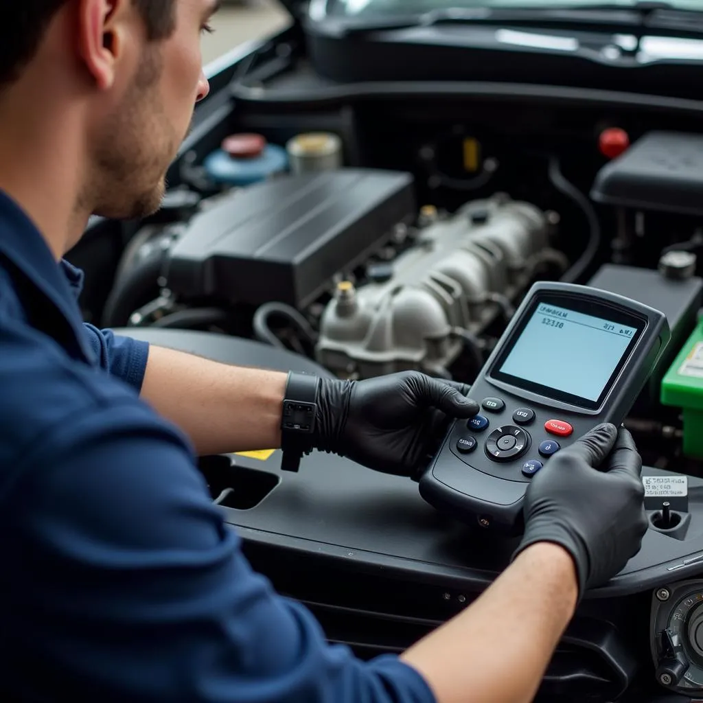 Mécanicien utilisant un outil de diagnostic sur une voiture