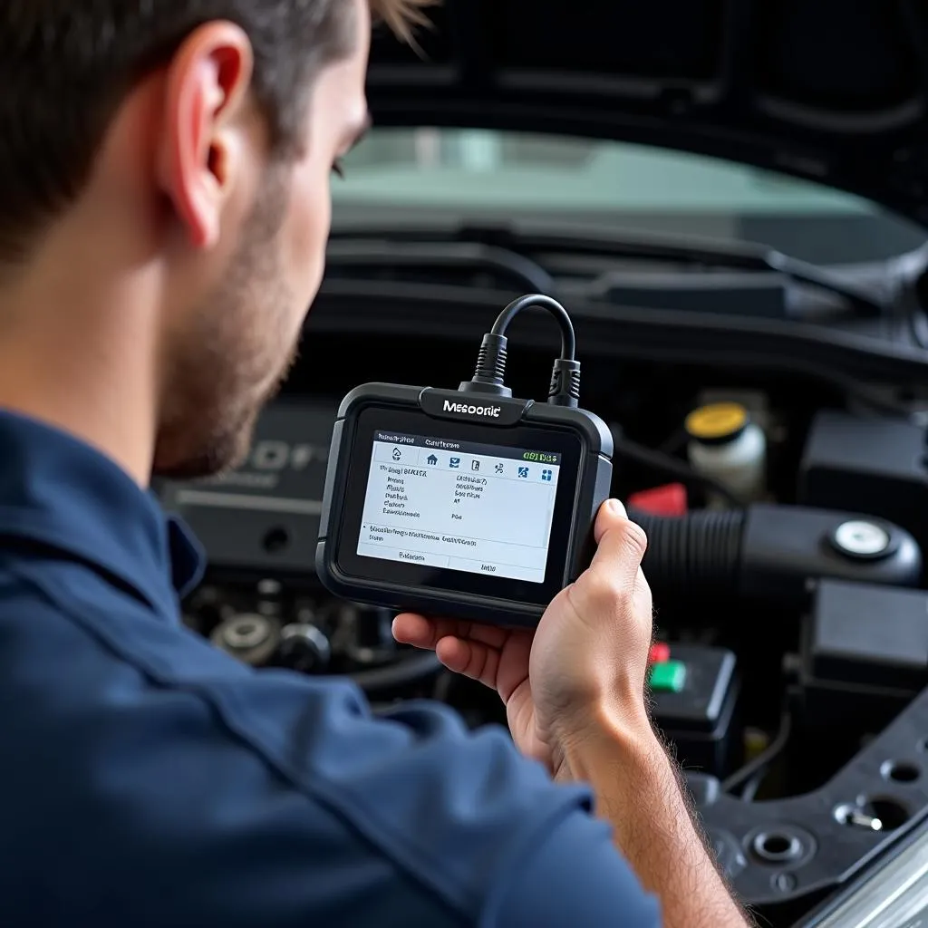 Mécanicien utilisant un outil de diagnostic sur une voiture