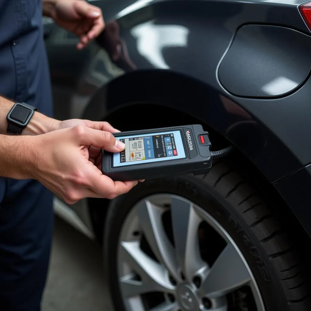 Mécanicien utilisant un outil de diagnostic sur une voiture