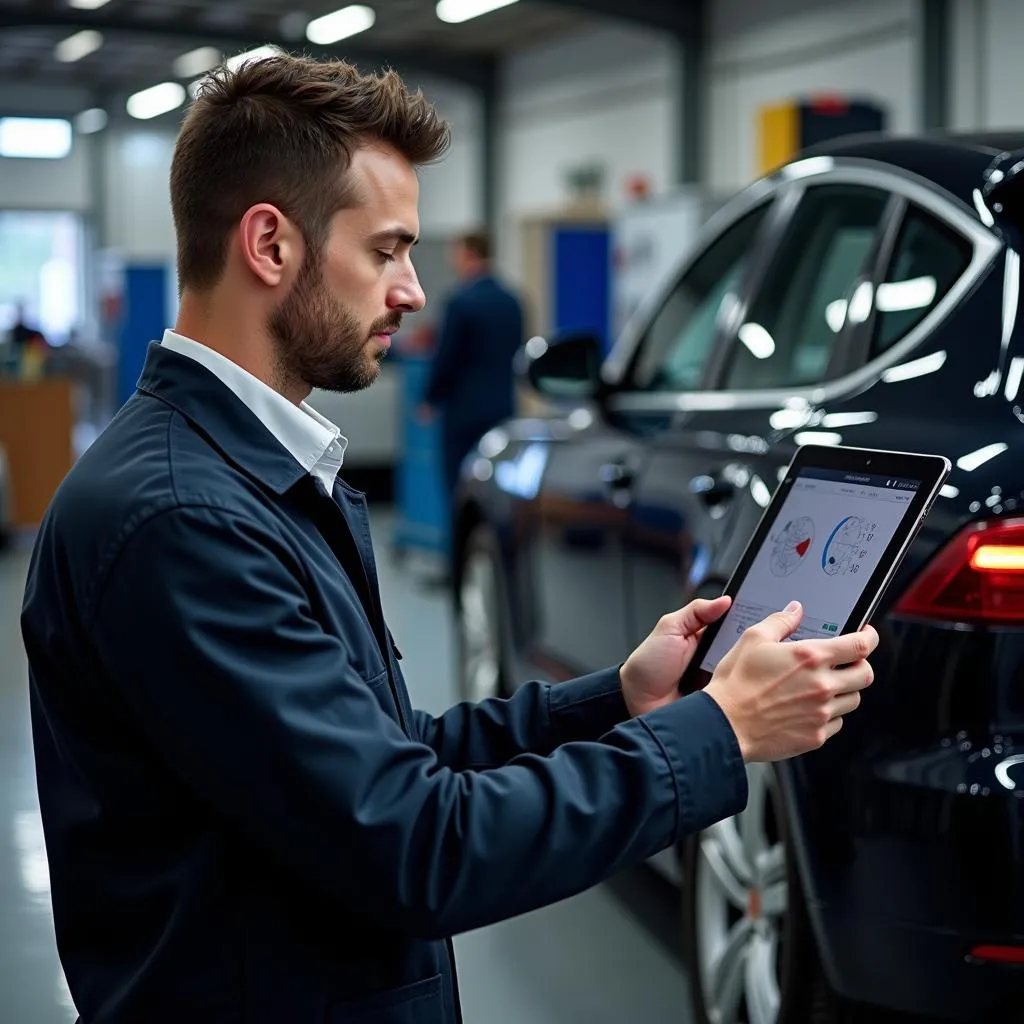 Mécanicien utilisant une tablette numérique pour diagnostiquer une voiture dans un atelier