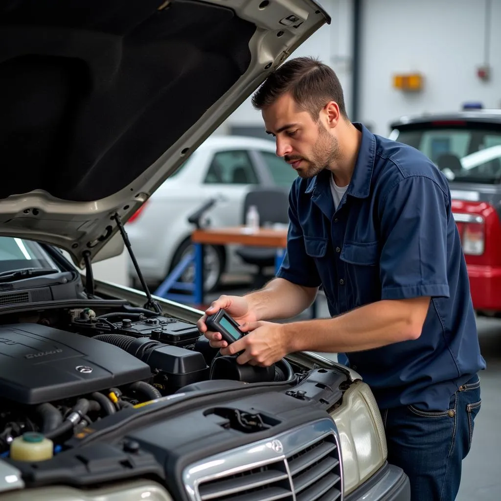 Mécanicien examinant le moteur d'une Mercedes E 300 D