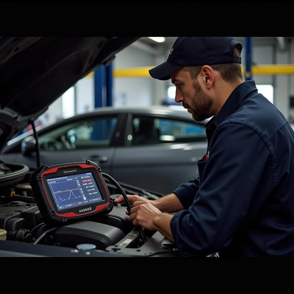 Mécanicien utilisant un analyseur de moteur Autel dans un garage