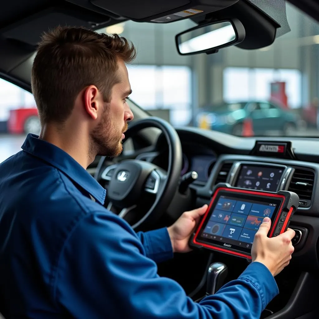 Mécanicien utilisant un outil de diagnostic Autel dans un garage à La Richaudière